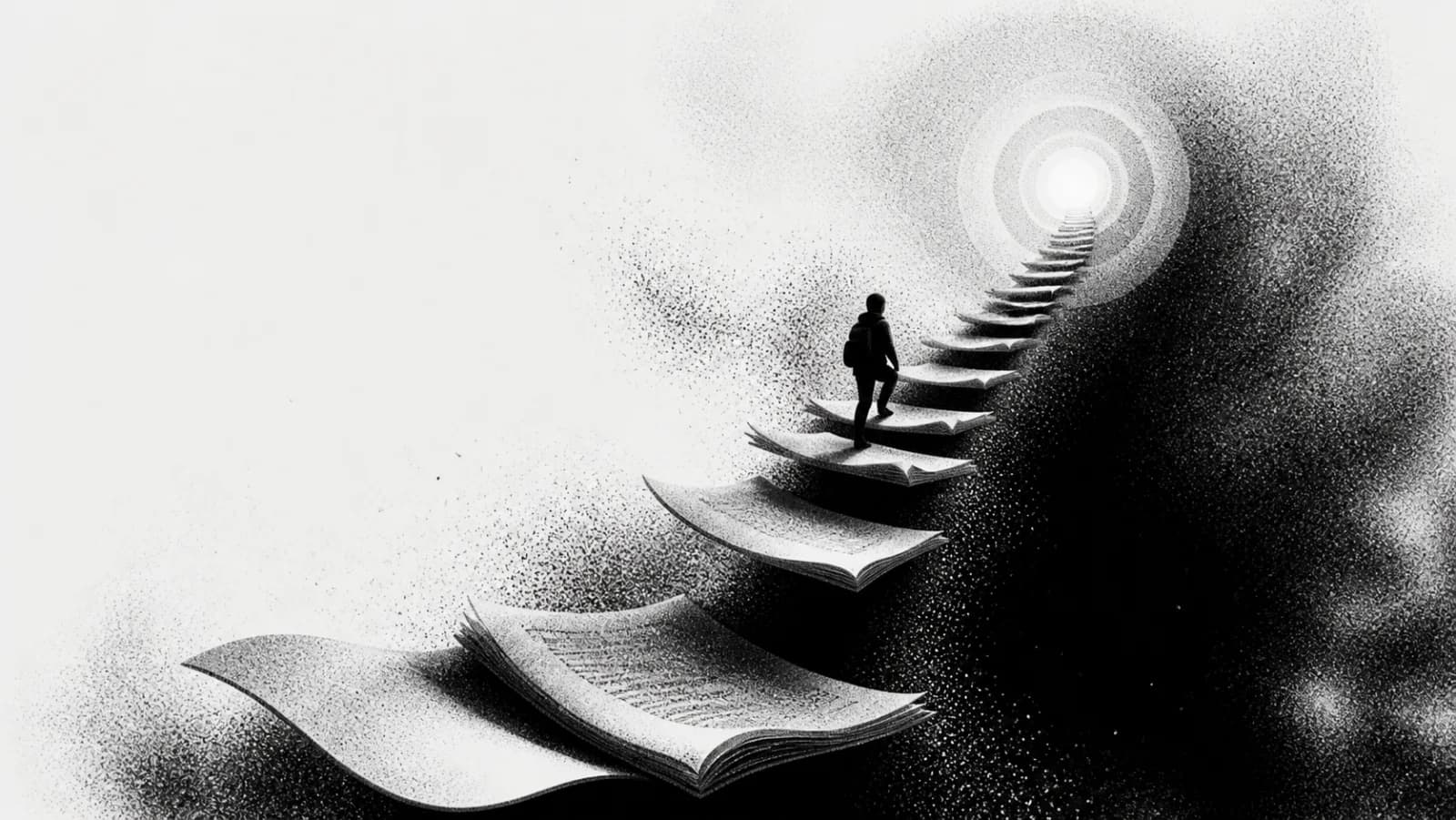 A student climbing steps made from study pages